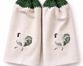 Rooster Hanging Kitchen Towels Set with Crochet Tops