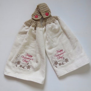 Happy Valentine's Day floral design embroidered crochet top kitchen hand towel set of 2 image 3