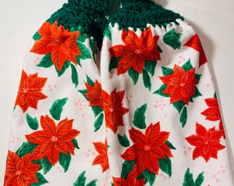 Poinsettia white crochet top kitchen hand towel set of 2