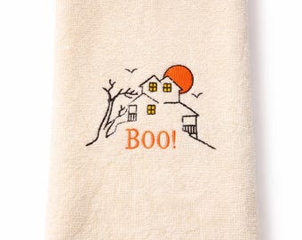 Ręcznik kuchenny z motywem nawiedzonego domu na Halloween, haftowany ręcznik BOO z motywem upiornej jesieni