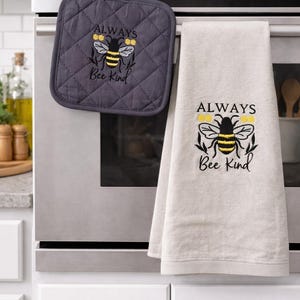 Bee Kind Kitchen Gift Set with Embroidered Towel and Pot Holder – Farmhouse Bee Decor