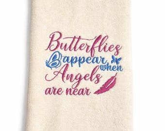 Vlinders verschijnen wanneer engelen in de buurt zijn Geborduurde herdenkingshanddoek Sympathiecadeau