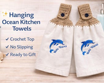 Make Waves Dolphin Crochet Top Kitchen Towels Set Coastal Hanging Towels Beach Decor