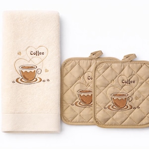 Embroidered Coffee Kitchen Towel and Pot Holder Set