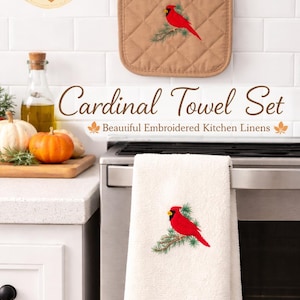 Cardinal Embroidered Kitchen Towel and Pot Holder Set | Rustic Winter Bird Decor
