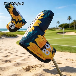 May include: Two golf club head covers with a sunflower design. The covers are primarily navy blue with large yellow sunflowers and green leaves. The text "PEARLYGATES" is printed on the side of the covers. One cover has the number "89" in white.