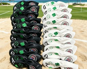 Fundas para palos de golf, putters, maderas, hierros y cabezas de palos con diseño de flores de cuatro hojas - Blanco y negro