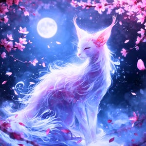 Puede incluir: Una criatura blanca mística con orejas largas y puntiagudas y pelaje fluido, representada en una vibrante escena nocturna azul. La criatura está rodeada de ramas de cerezo en flor rosa y pétalos que caen, con una luna llena brillante de fondo.