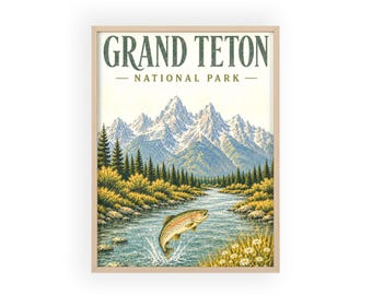Grand Teton Forelle Fisch Reiseposter mit Holzrahmen | National Park Wall Art