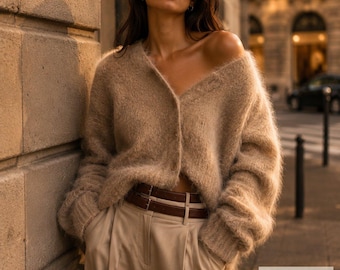 Relaxed Cardigan Women, Fluffy Luxe Mink V-Neck Button Sweater, Soft Cosy Autumn Winter Knit