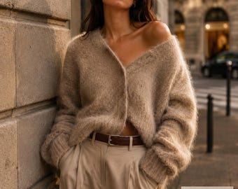 Relaxed Cardigan Women, Fluffy Luxe V-Neck Button Sweater, Soft Cosy Autumn Winter Knit