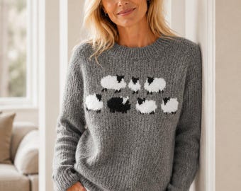 Pull en tricot à motifs pour femme, pull de style européen américain, pull gris à col rond et imprimé mouton automne-hiver,