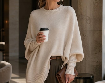 Oversized Knit Pullover Sweater, Womens Asymmetric Hem Batwing Sleeve Poncho