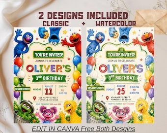 May include: Two birthday invitation templates featuring Sesame Street characters including Elmo, Cookie Monster, Big Bird, Abby Cadabby, and Oscar the Grouch. The text reads 2 DESIGNS INCLUDED CLASSIC + WATERCOLOR, YOU'RE INVITED, OLIVER'S 3RD BIRTHDAY.