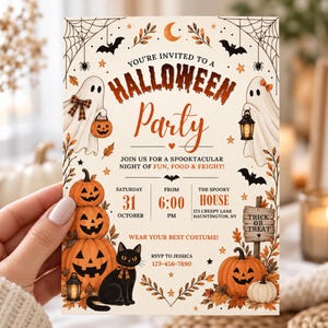 May include: A rectangular Halloween party invitation card featuring illustrations of two ghosts, a black cat, and stacked jack-o'-lanterns. The text reads: You're invited to a Halloween Party, join us for a spooktacular night of fun, food & fright.