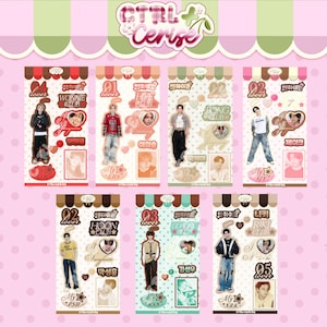 May include: A collection of seven rectangular sticker sheets featuring the text CTRL+Cerise at the top. Each sheet displays a different person in casual clothing, accompanied by various decorative elements, heart-shaped frames, and Korean text labels.