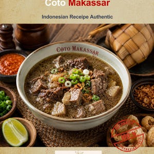 Könnte beinhalten: Eine Schüssel Coto Makassar, einer indonesischen Rindfleischsuppe, garniert mit Frühlingszwiebeln. Das Bild enthält Beilagen wie Chilisauce, Limette und frittierte Snacks. Auf der Schüssel steht "Coto Makassar".