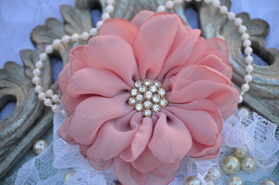 White 3.5" lace chiffon ruffle flower w/ rhinestone & pearl center White 3.5" lace chiffon ruffle flower w/ rhinestone & pearl center