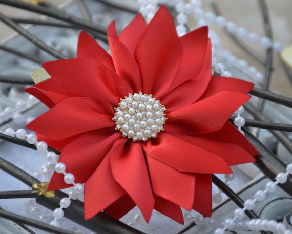 Red Satin Ribbon Flowers, 3.5 Satin Fabric Flowers, Pearl Satin Flower,  Rhinestone Satin Flowers, Ribbon Flowers, 38 Colors