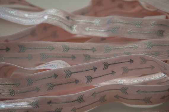 Printed Elastic, Foil Print Pink and Silver Arrows FOE - 5/8 Fold Over Elastic - Foldover Elastic - printed FOE - Elastic by yards