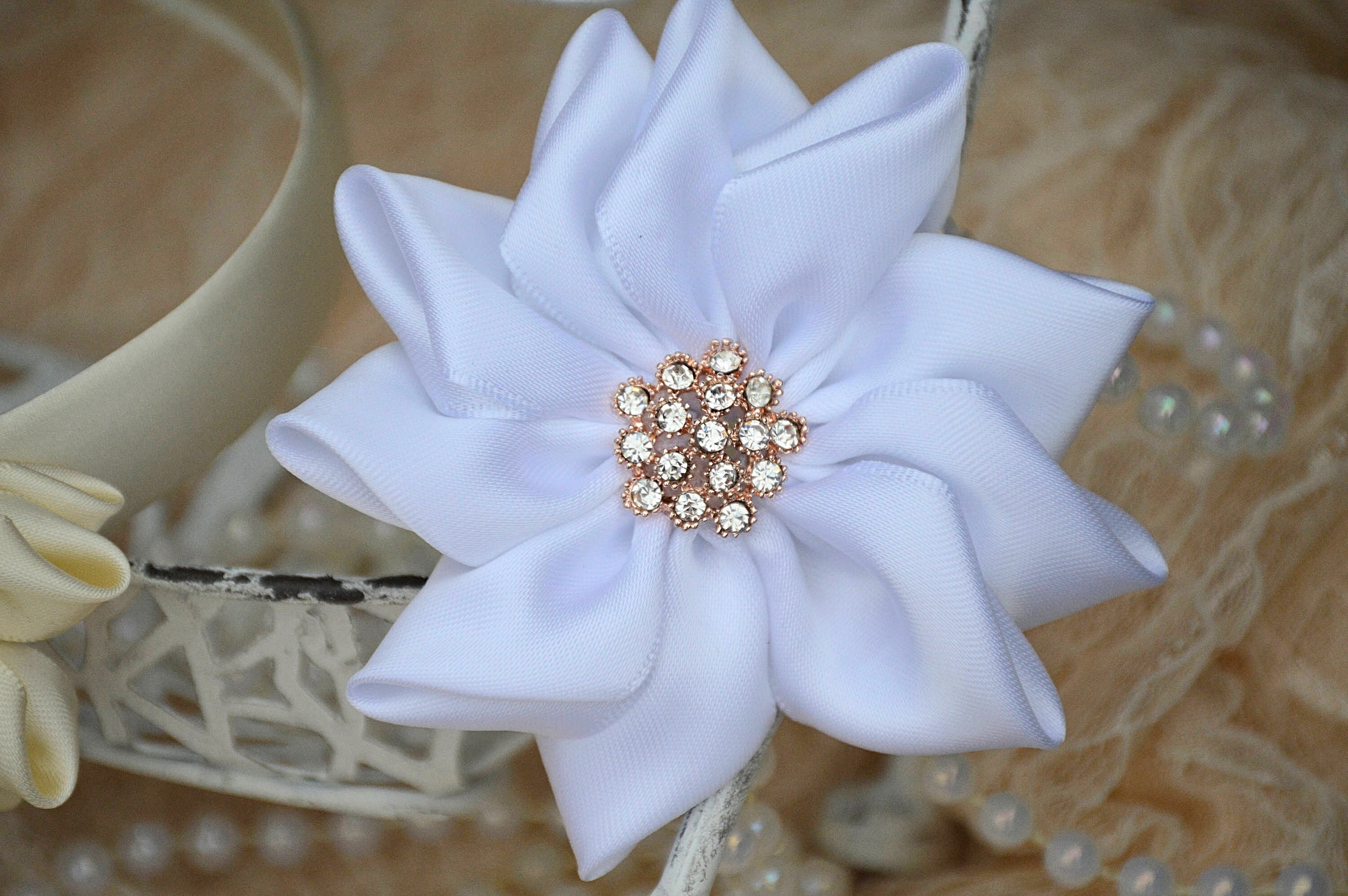 White Satin Ribbon Flowers 3 1/2 Satin Fabric Flowers | Etsy