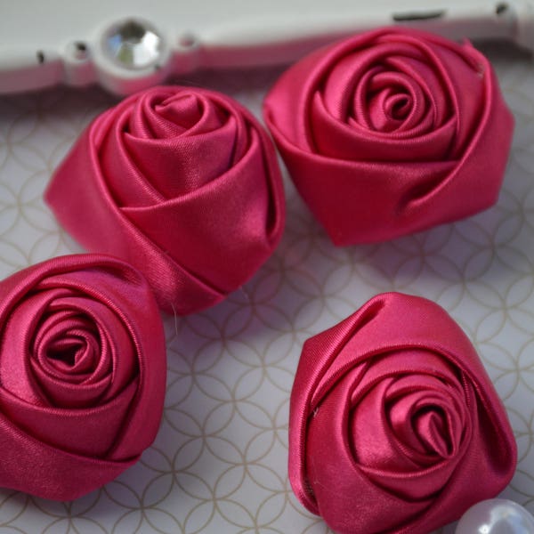 1.5" Hot Pink Satin Fabric Roses, Satin Rolled Rosettes, Satin Flowers, Rolled Roses, Rolled Satin Roses, Satin Flowers, Satin Roses