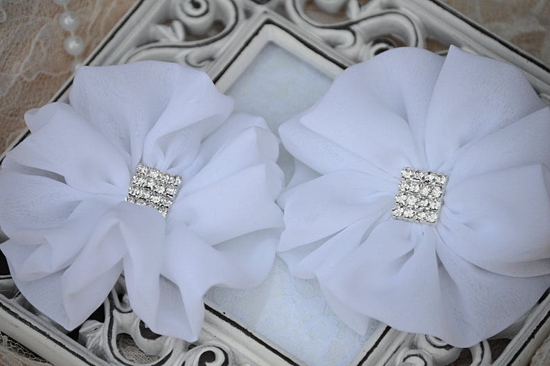 White 3.5" lace chiffon ruffle flower w/ rhinestone & pearl center White 3.5" lace chiffon ruffle flower w/ rhinestone & pearl center
