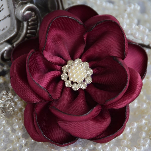 Burgundy Satin Ribbon Flowers, 3" Satin Fabric Flowers, Burgundy Satin Flower, Ribbon Flowers, Pearl Crystal Flowers, 37 Colors