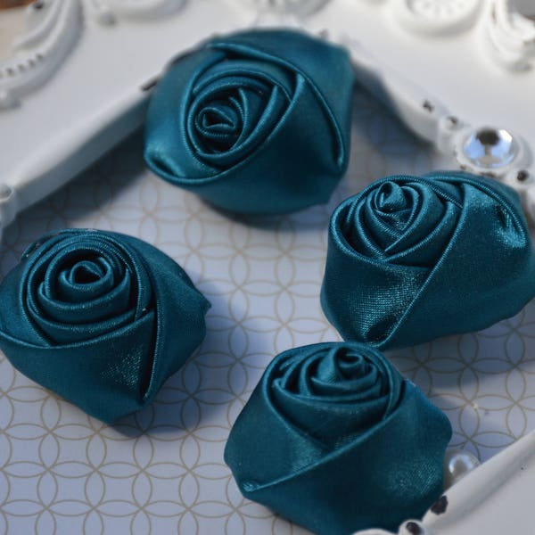 1.5" Teal Satin Fabric Roses, Satin Rolled Rosettes, Satin Flowers, Rolled Roses, Rolled Satin Roses, Satin Flowers, Satin Roses