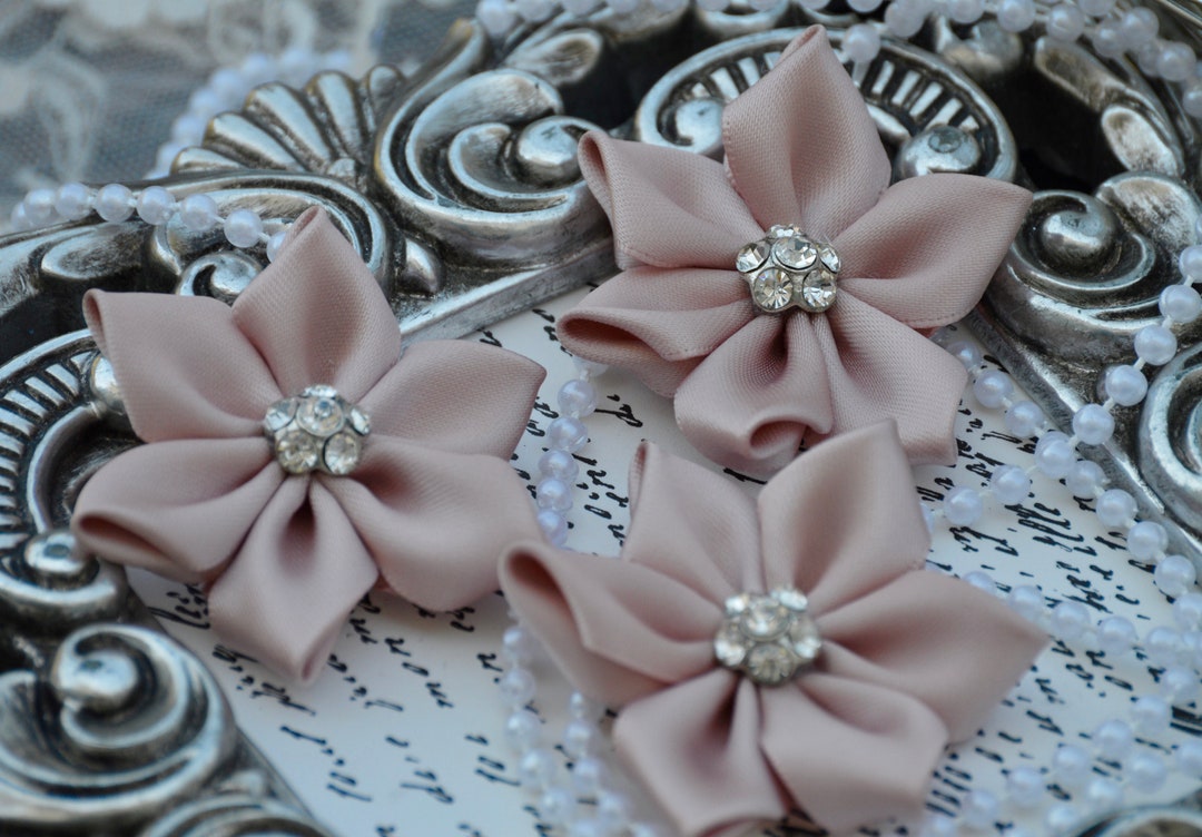 Rose Gold Satin Ribbon Flowers, 2 Satin Fabric Flowers, Satin Flower