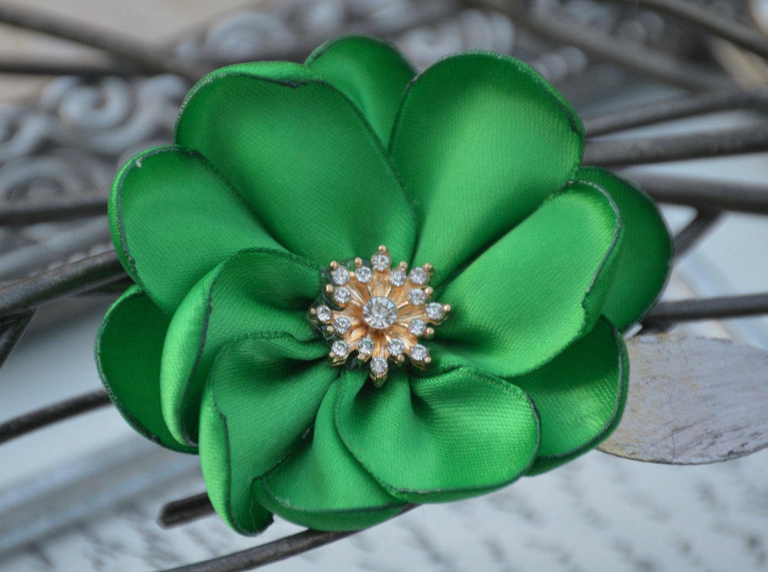 Set of 2 Emerald Green Satin Ribbon Flowers, 2.5 Satin Fabric Flowers, Satin Flower, Satin
