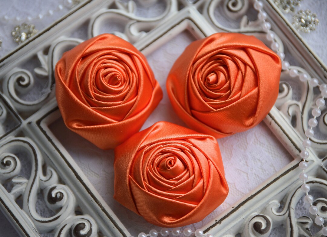 2 Satin Fabric Roses, Orange Satin Rolled Rosettes, Satin Roses, Rolled Roses, Fabric Flowers