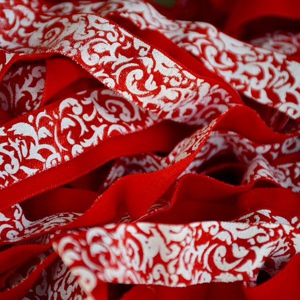 Red Floral Fold Over Elastic, 5/8" Fold Over Elastic FOE, Printed Elastic by the Yard, Elastic Headbands, Printed Elastic