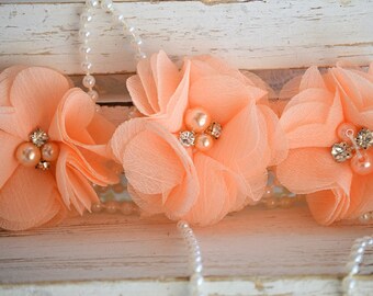 Chiffon flower, 2" Peach Salmon Pearl and Rhinestone center Flowers, Small fabric flower, Chiffon beaded flowers, Chiffon Flowers