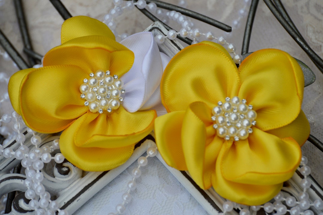 Set of 2 Dark Yellow White or Ivory Satin Flowers 2.5, Choose ...