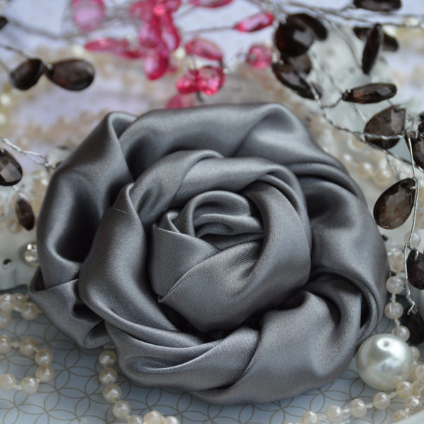 Gray Large Satin Roses - 3" Large Satin Rolled Flowers - Wholesale Lot - Satin Rolled Rosettes - Fabric Flowers Wholesale