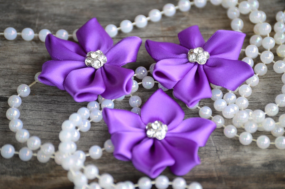 Purple Satin Ribbon Flowers, 2 Satin Fabric Flowers, Satin Flower