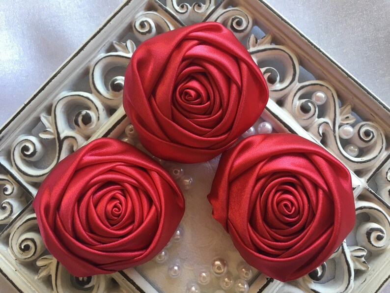 2 Satin Fabric Roses Red Satin Rolled Rosettes Satin Etsy
