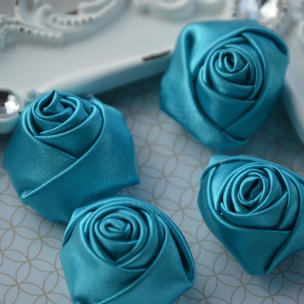 1.5" Turquoise Satin Fabric Roses, Satin Rolled Rosettes, Satin Flowers, Rolled Roses, Rolled Satin Roses, Satin Flowers, Satin Roses