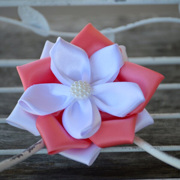 4" Satin Ribbon Flowers, Satin Flower, Satin Fabric Flowers, Coral and White Satin Flower, Large Satin Flower, Kanzashi Flowers