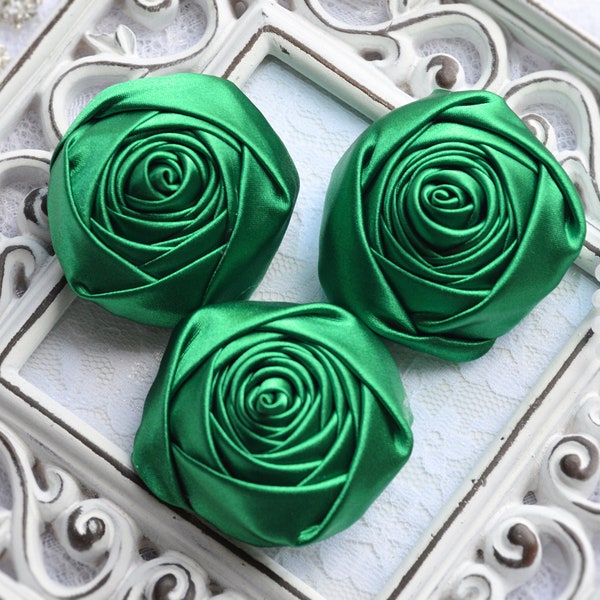 2" Satin Fabric Roses, Emerald Green Satin Rolled Rosettes, Satin Roses, Rolled Roses, Fabric Flowers, Satin Flowers, , 30 Colors C5