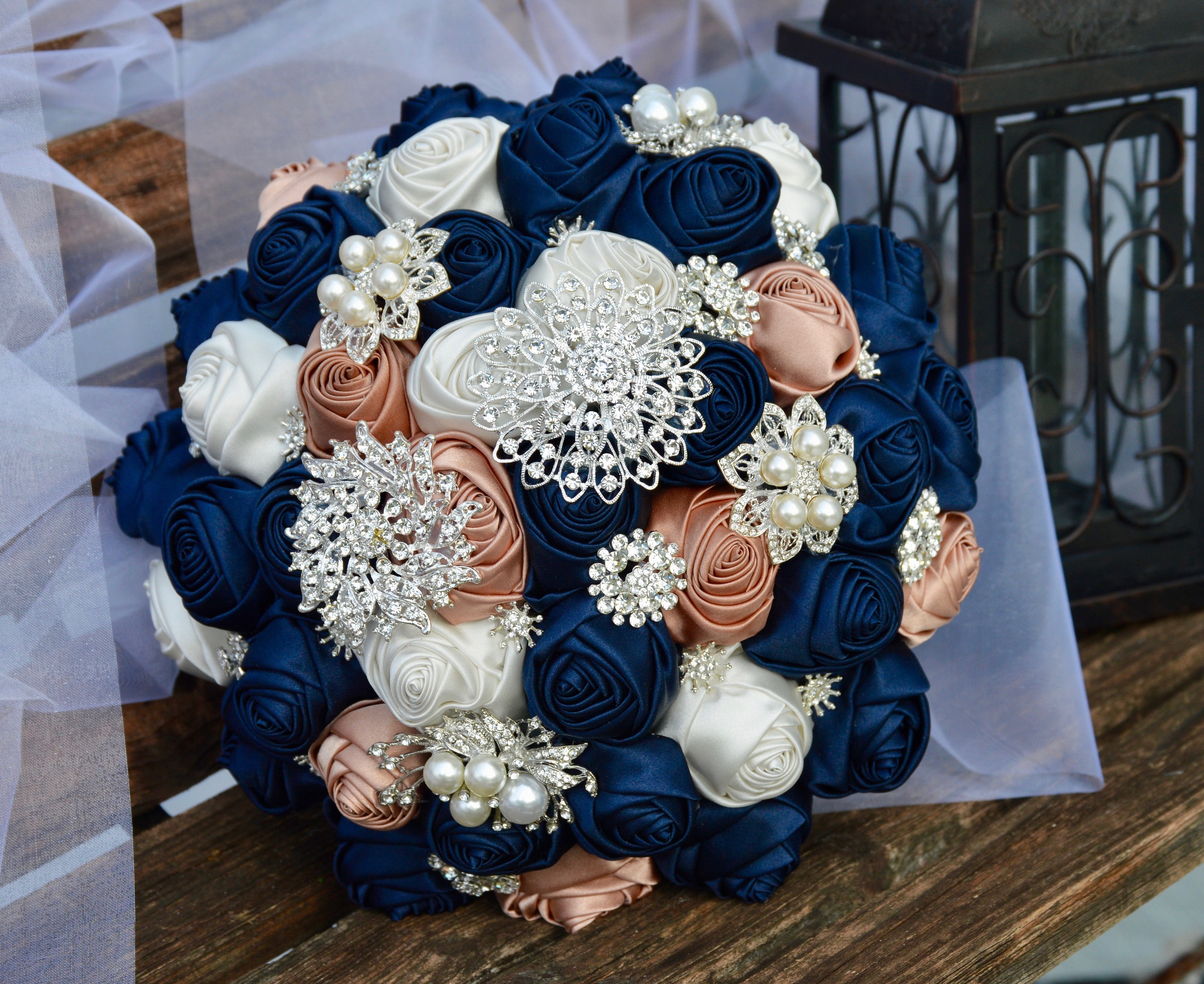 Champagne and Navy Blue Roses With Silver Dollar Eucalyptus Rustic Chic  Wedding Bouquet, Corsage, Boutonniere Flower Crown 