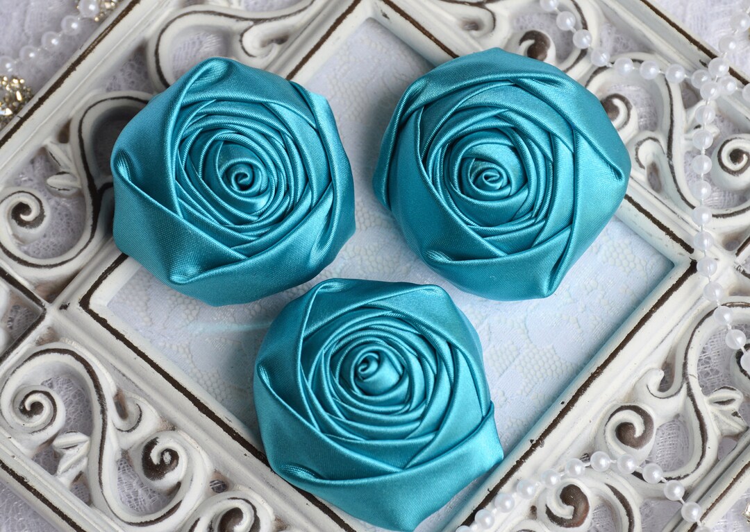 2 Satin Fabric Roses, Turquoise Satin Rolled Rosettes, Satin Roses, Rolled Roses, Fabric Flowers