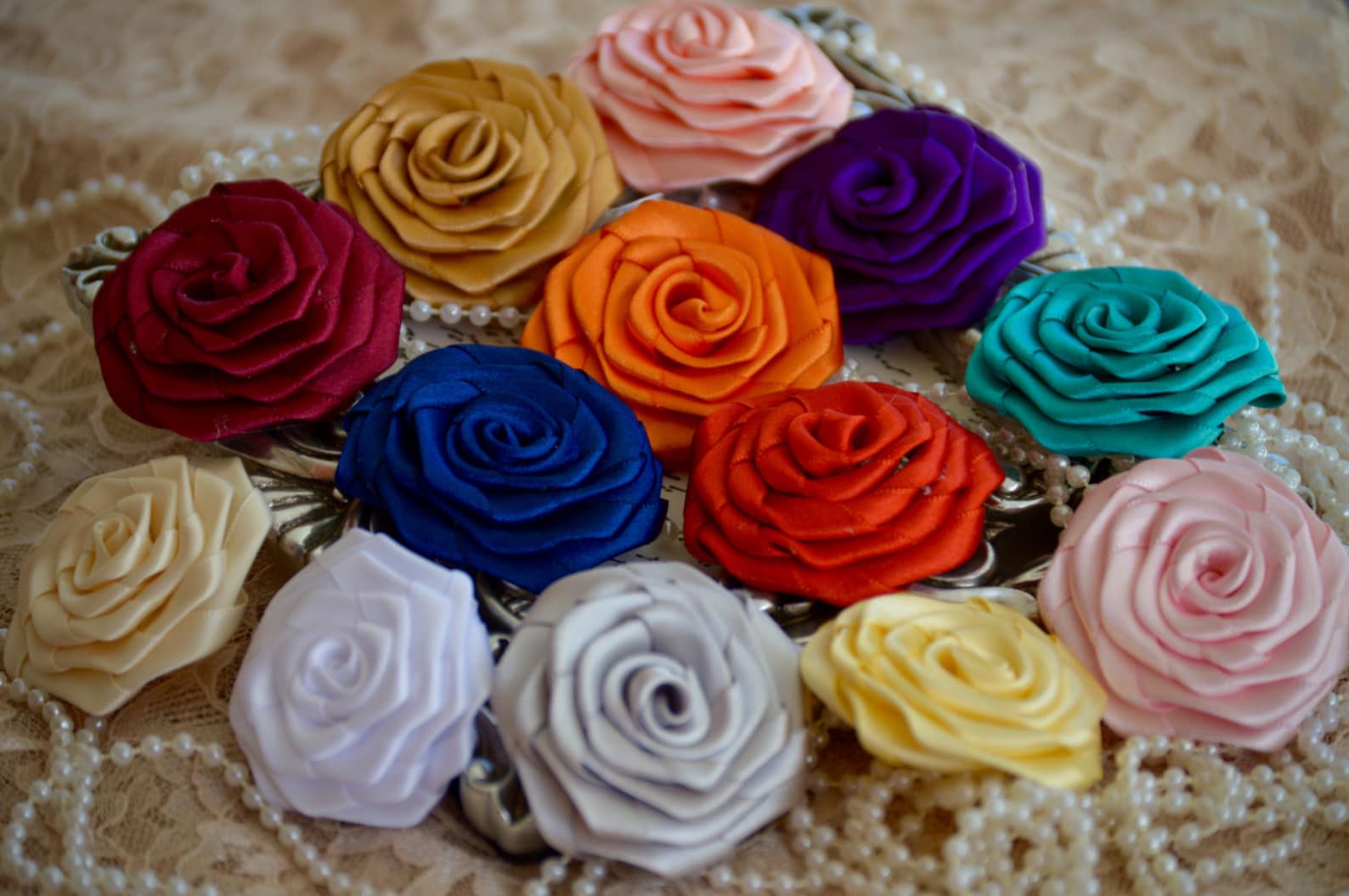 White Satin Roses 2 Satin Rosettes White Satin Rolled Etsy