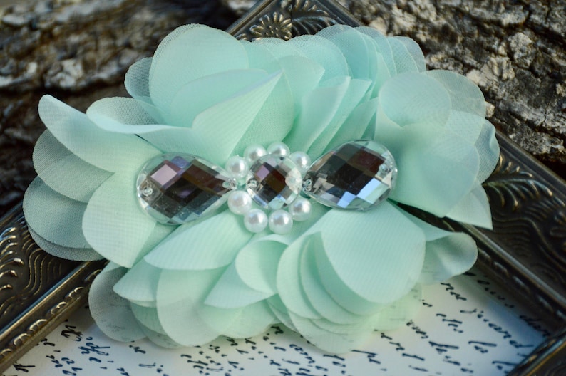 5x3 Chiffon Flowers Mint Chiffon Flower Chiffon Beaded Fabric Fabric Flowers Chiffon Pearl Flowers Chiffon Rhinestone Flowers