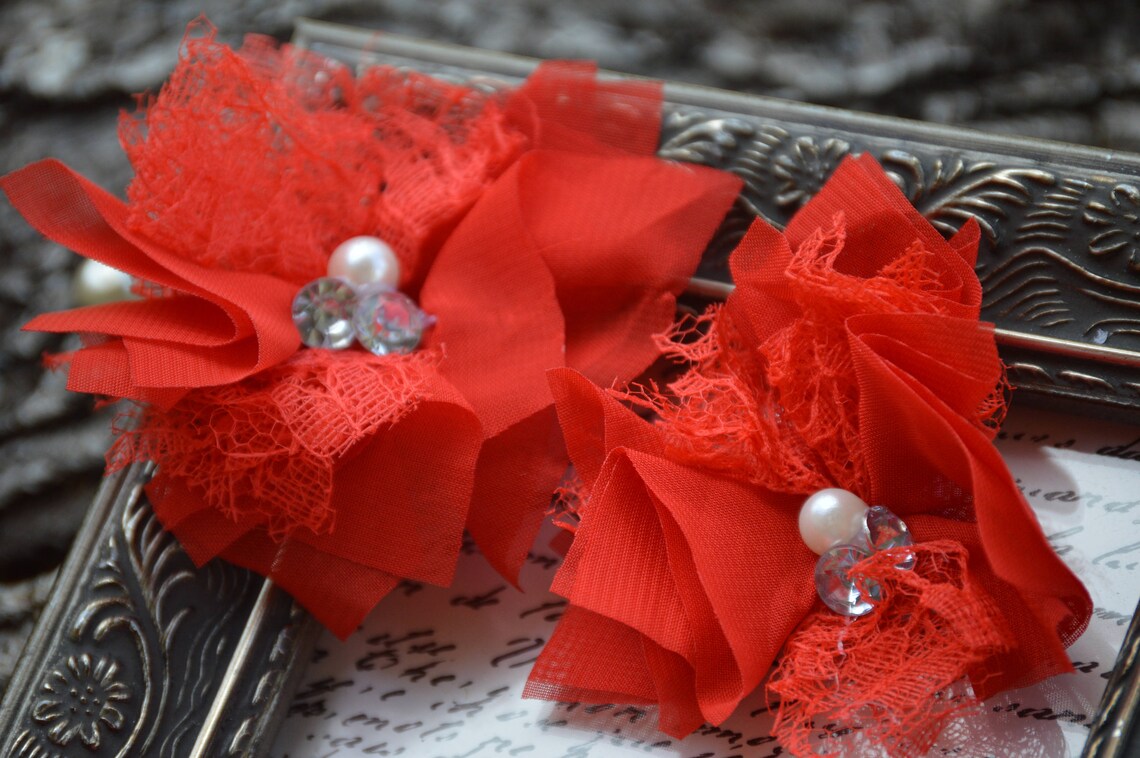 3 Red Lace & Chiffon Flower Lace Fabric Flower Lace Etsy