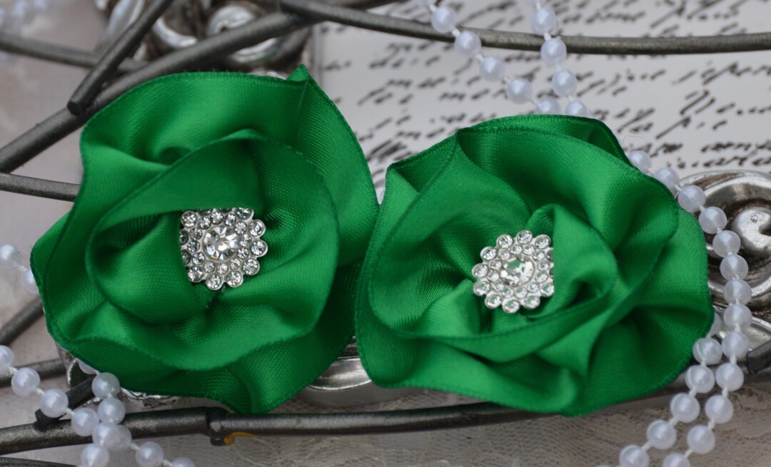 Set of 2 Emerald Green Satin Ribbon Flowers, 2 Satin Fabric Flowers, Satin Ruffle Flower, Satin