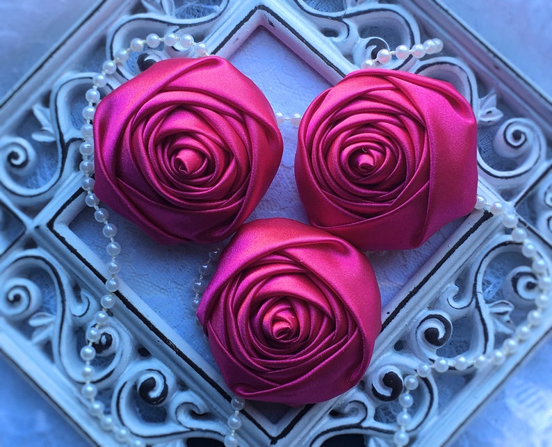 2 Satin Fabric Roses Hot Pink Satin Rolled Rosettes Etsy