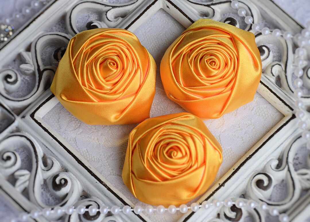 2 Satin Fabric Roses Yellow Gold Satin Rolled Rosettes Etsy