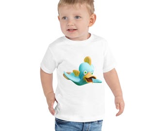 Camiseta infantil de algodón suave con estampado de pato y pez, ideal para niños con sensibilidad sensorial (impresión DTG).